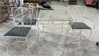 Mid Century Wrought Iron White Square Table and Si