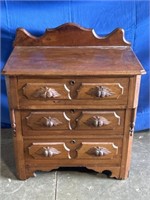 Antique 3 drawer dresser. Dimensions are 28 x 17