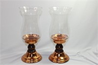 Pair of Copper and Wood Hurricane Lamps