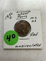 1936D Lincoln Wheat Penny MS63 Red Unc