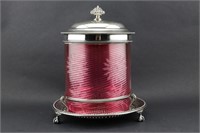 Etched Cranberry Glass Biscuit Barrel