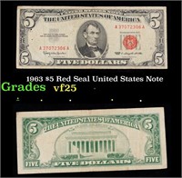 1963 $5 Red Seal United States Note Grades vf+