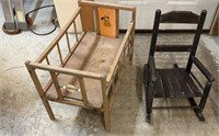 Vtg Wood Doll Crib & Chair 15”x 23”x 13”