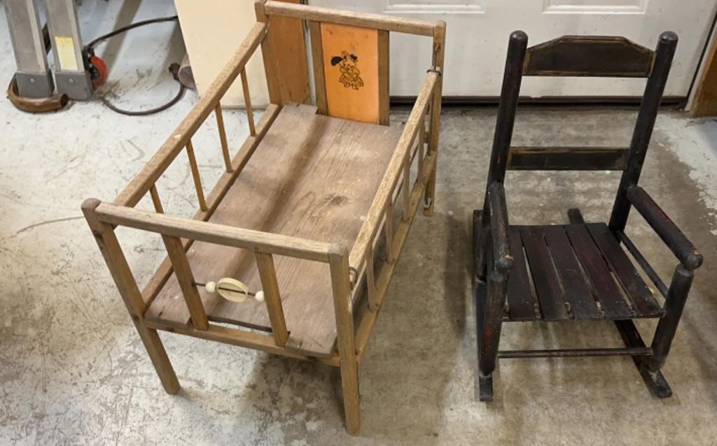 Vtg Wood Doll Crib & Chair 15”x 23”x 13”