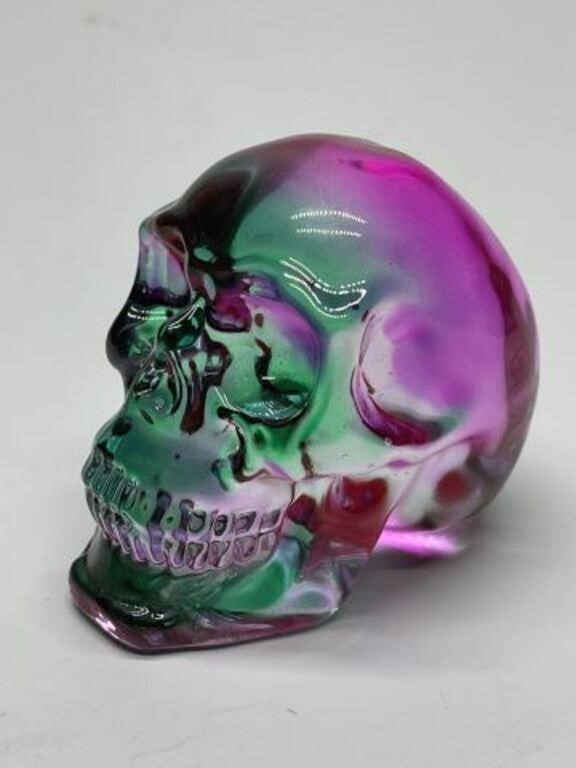 PURPLE AND GREEN ACRYLIC SKULL PAPERWEIGHT