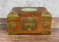 Chinese Jewelry Box With Brass & Jade Inlay