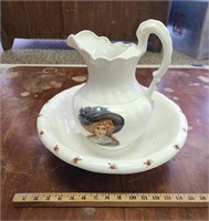 Ceramic Pitcher & Bowl w Pictures of Women