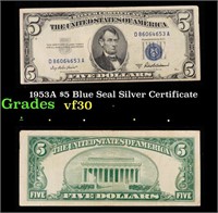 1953A $5 Blue Seal Silver Certificate Grades vf++