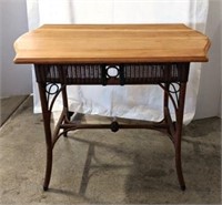 Vintage Table, Wicker Base & Wood Top
