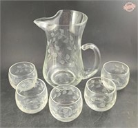 Mid Century Glass Pitcher + 5 Roly Poly Glasses