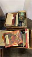 Box of bird books, box of fictional books