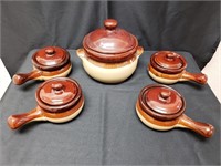 Large Crock Bean Pot - 4 Bowls All with Lids