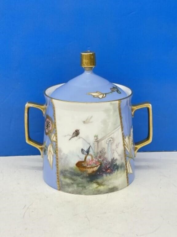 Antique French Sugar Bowl And Lid, Blue And