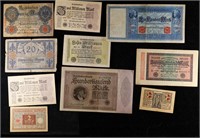 Lot of 10 WWI Era German and Austrian Notes, Vario