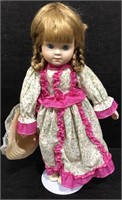 16" PORCEAIN DOLL W/ FLORAL DRESS AND PINK LACE +