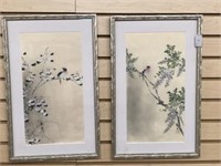 Pair Oriental Bird Paintings on Silk, 20" x 12"