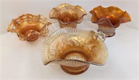 Four Marigold Carnival Glass Bowls