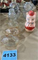 6 Glass Banks, 1 Plastic Piggy Bank