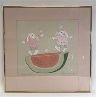 Vintage Rabbits on Watermelon by Gayerant