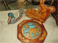 WOODEN DUCK, SQUIRREL NUT DISH, BEAR PICTURE