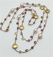 Sterling Necklace W Pearls & Colored Stones