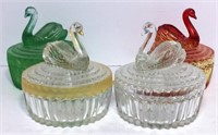 Vintage Glass powder Boxes with Swan Lids lot of 4