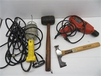 Trouble light, hatchet, mallet, drill