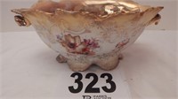 GORGEOUS FOOTED CHINA BOWL WITH HANDLES 11 IN