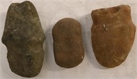 LOT OF 3 STONE TOMAHAWK STONES GROUND CARVINGS,