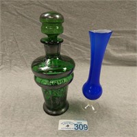 Green Glass Decanter with Overlay & Art Glass Vase