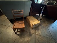 CHILD'S CHAIR AND TWO WOODEN CRATES