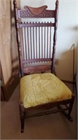 Antique Wood Rocking Chair Gold Fabric Seat