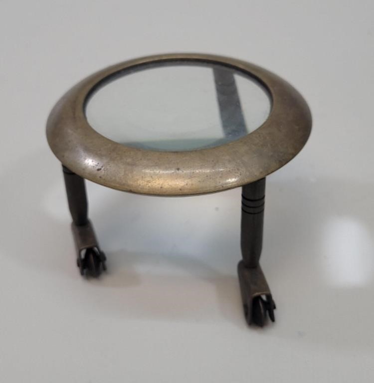 Brass Magnifying Glass , Tripod Swivel on Wheels