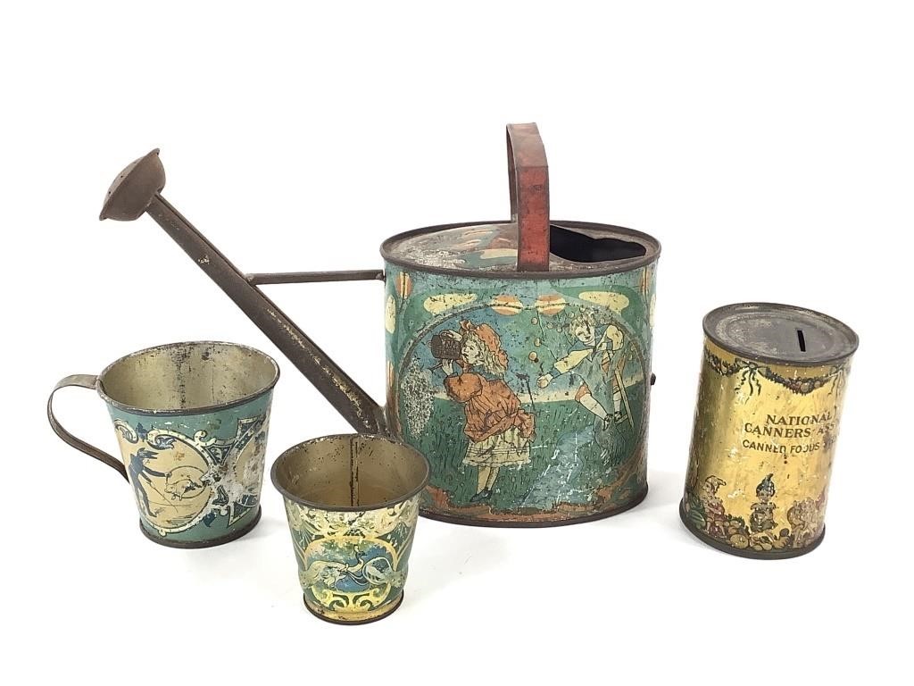 4 Printed Tin Toys Watering Can, Cups, Bank