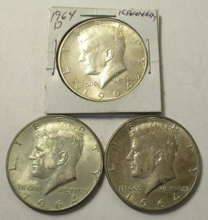 (3) 1964 D Kennedy Half Dollars