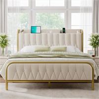 Feonase Queen Bed Frame with USB  Gold&Beige