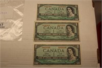 3X $1.00 CANADIAN PAPER BILLS (1954)(like new)