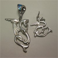 2 Sterling Silver Dragon Pendants - 1 w/ Opal