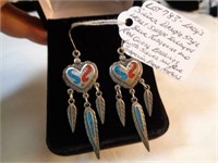 SILVER HEART RED CORAL /BLUE TURQUOISE EARRINGS