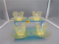 4 Yellow Depression Glass Cups and Saucers