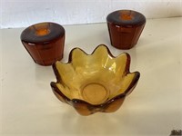 Amber Toned Glass Bowl and Candle Holders