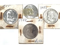 4 Franklin Silver Half Dollars, US Coins 1948-55