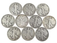10 Walking Liberty Silver Half Dollars, US Coins