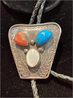 Sterling Silver Bolo Tie. Turquoise, Quartz and