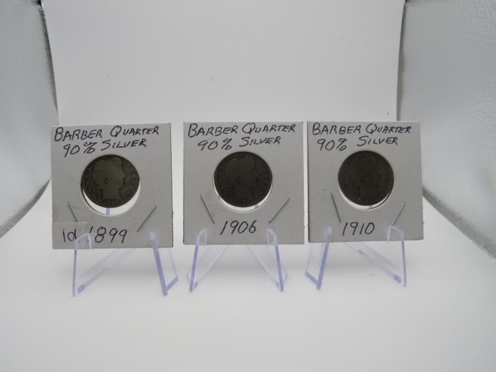 3 Barber Quarters 90% Silver 1899-1910