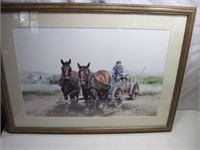 2 Horses Pulling Wagon Signed Painting
