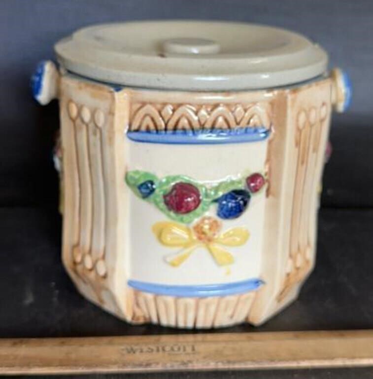 VINTAGE BISCUIT JAR W/ADDED LID/MISSING HANDLE