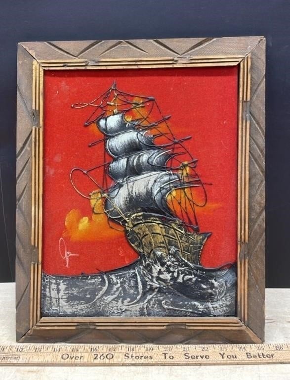 Framed Textured Ship Painting on Velvet (13.5" x