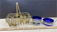 Metal Basket w/Cobalt Glass Cream & Sugar