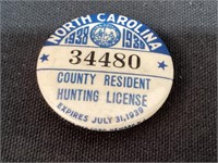 North Carolina Hunting License 1938-1939